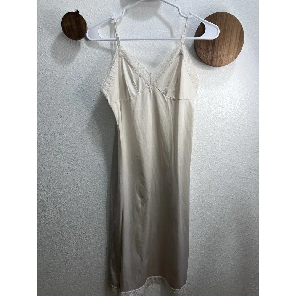Vintage Ivory Silky Full Slip Dress Midi Size Small Lace Adjustable Straps